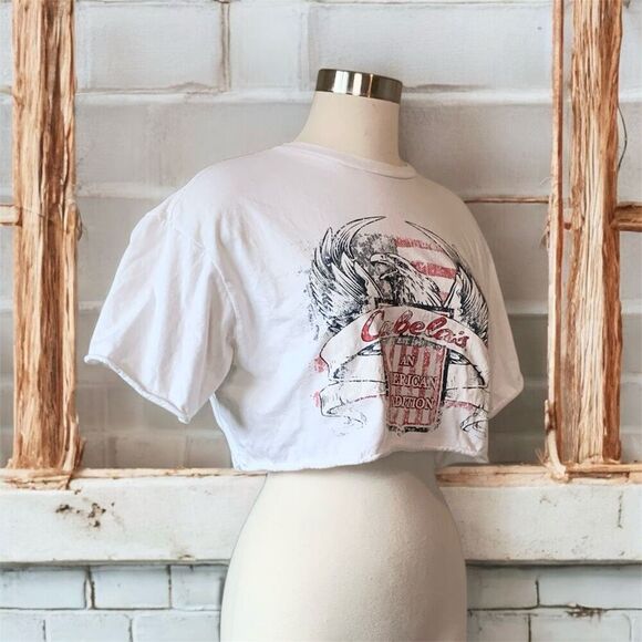 Cabela’s White Cropped Short Sleeve GM Medium Tee T Shirt Eagle Flag - Picture 2 of 7